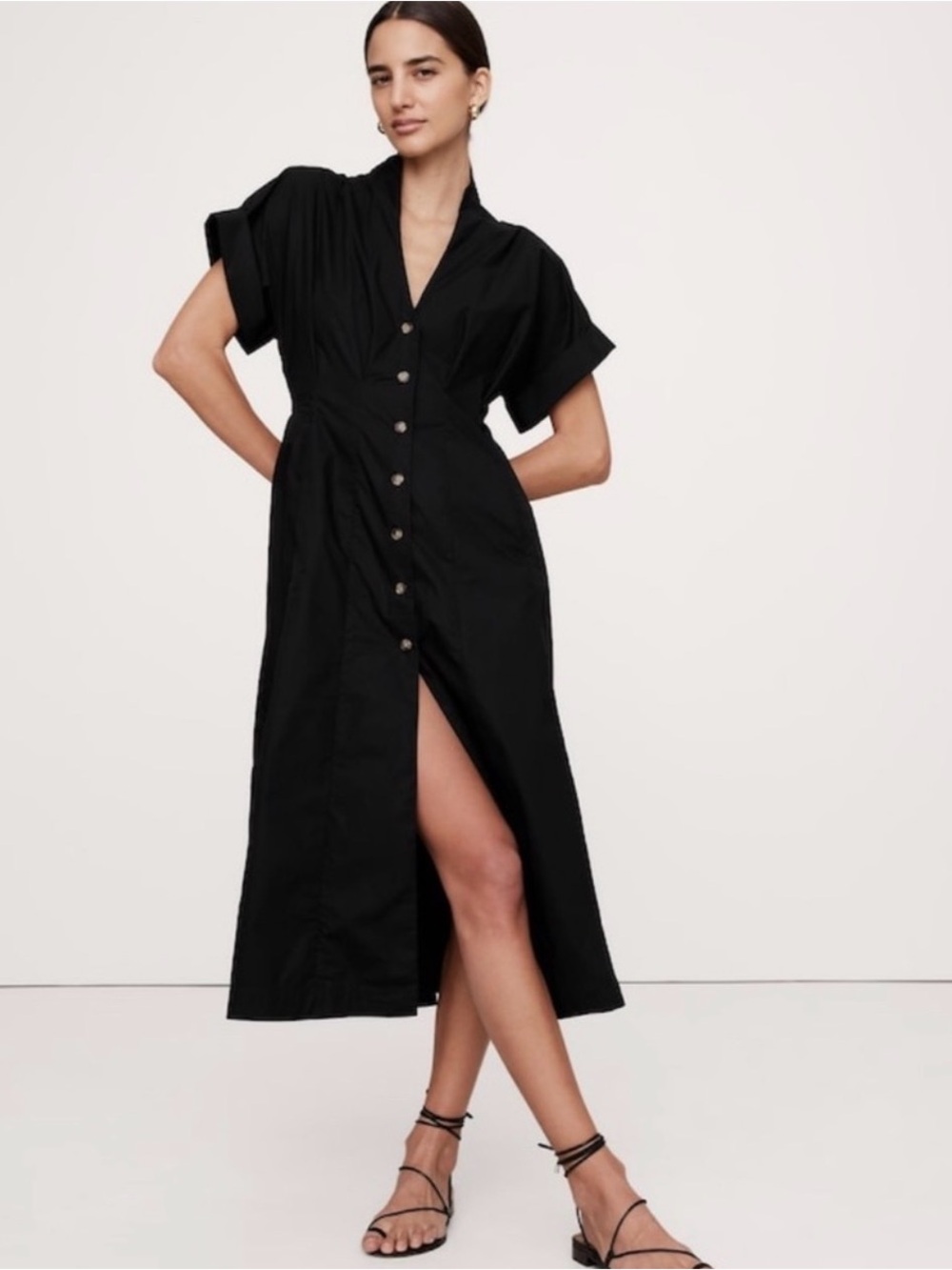 Banana Republic Cotton Poplin Black Button-Front Midi Dress